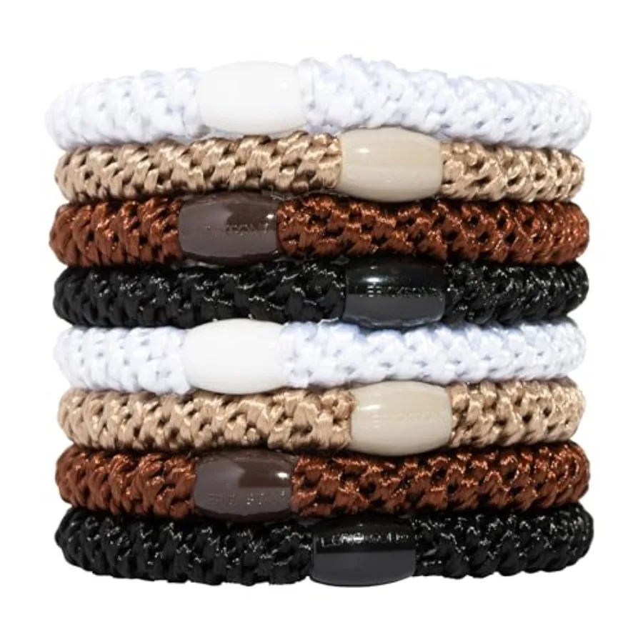 Brown Hair Ties for Thick Hair, Grab Go Ponytail Holders, 8 Pack, Neutral, Thick No-Crease Bands with Strong Hold, Damage-Free