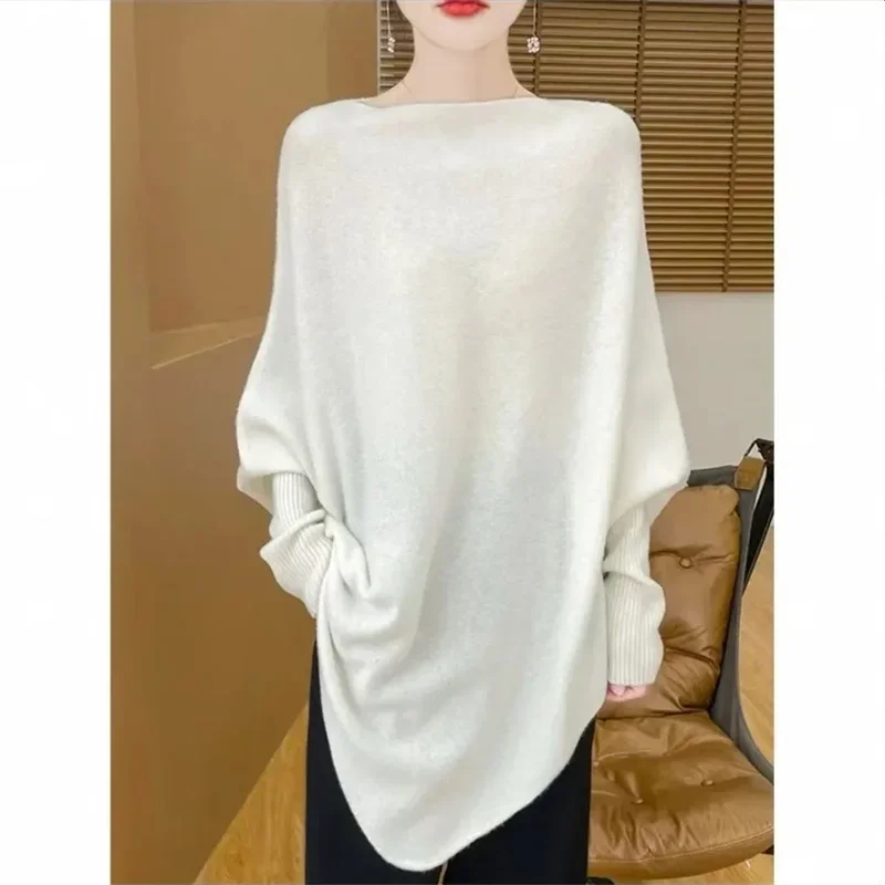 

Lady Knitted Shawl Long Sleeve Loose Top Female Popular Sweater New Fashion 100% Merino Wool Women Pullover Autumn Winter Office