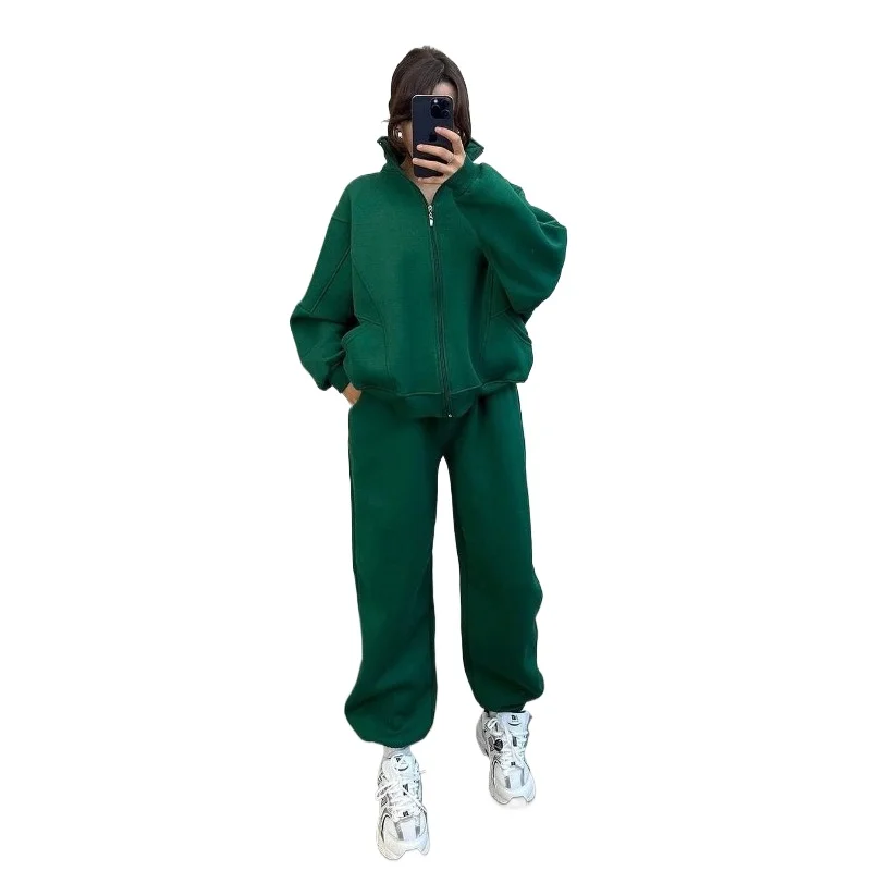 

Cross-border European and American Style Fleece Jacket Set Fashionable and Simple Long-sleeved Sweater, Solid Color Sports Suit.