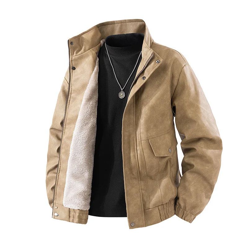

2026 Fall Winter Men's Fleece-Lined Jacket American Retro HK Style Street Wrinkle-Resistant Stand Collar Multi-Pockets Warm Coat