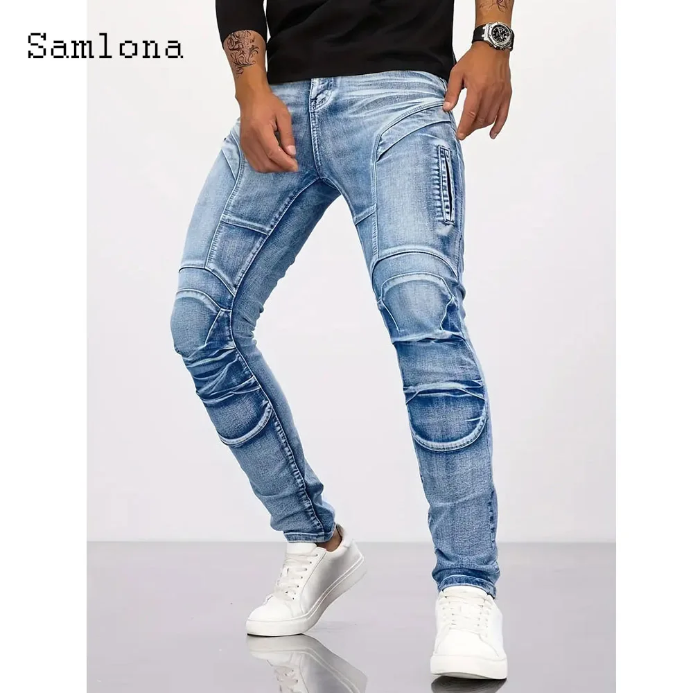 Calça jeans masculina casual com bolso de rua, calça demin 2025, estilo europeu, moda até o tornozelo, calça de moletom masculina nova