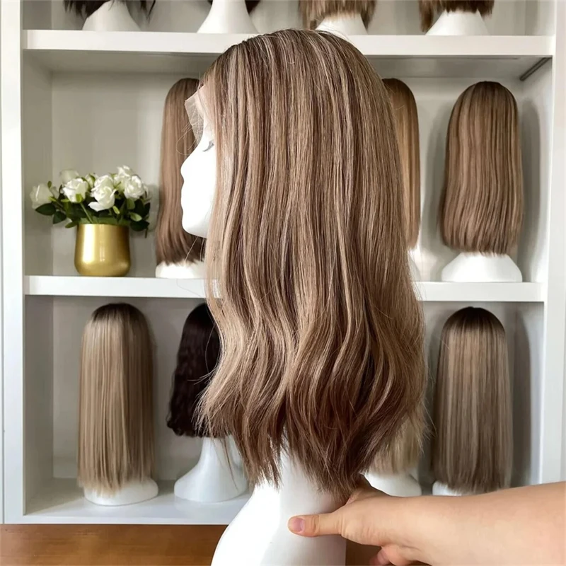 

Chocolate Brown with Blonde Streaks Synthetic Lace Front Wig Straight Bob For Women Realistic Natural Looking Wig Good Quality