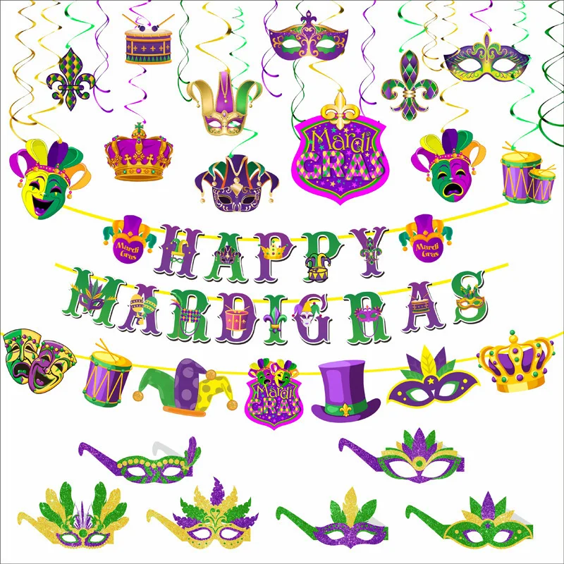 Happy Mardi Gras Theme Party Background Banner Spiral Hanger Paper Glasses Photography Props for Mardi Gras Party Decoration