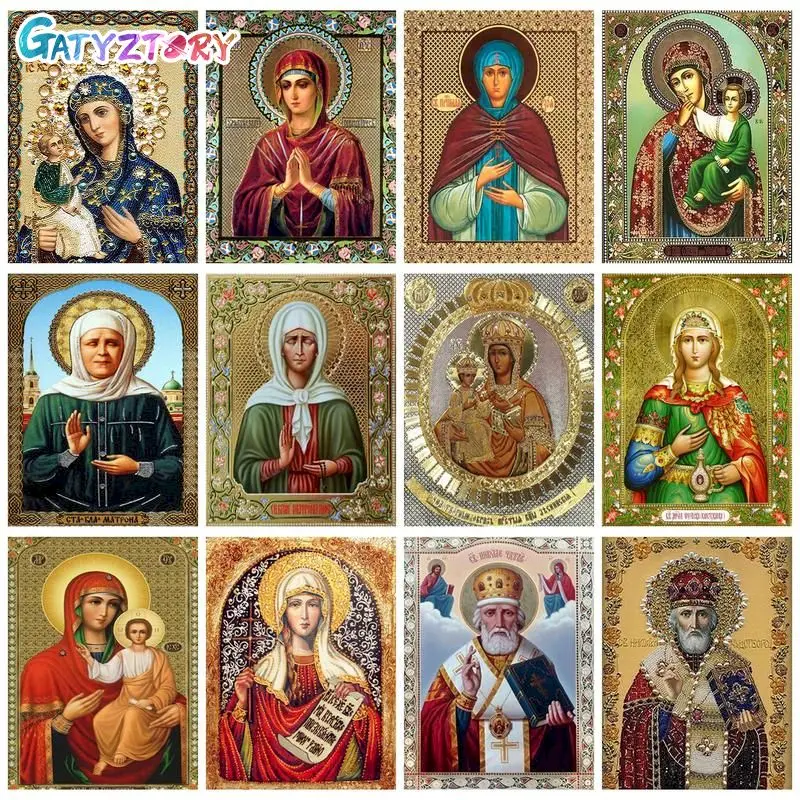 GATYZTORY 5D Square Round Diamond Painting Frame DIY Cross Stitch Crafts Religious Jesus Mosaic Diamond Embroidery Gift Wall Art