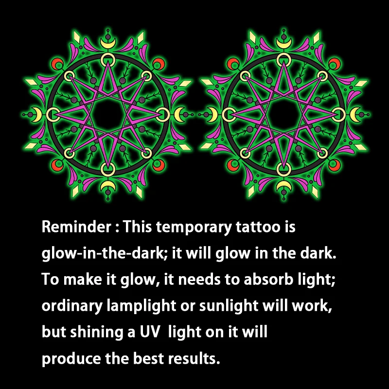 ملصقات وشم مؤقتة يمكن التخلص منها على تصميم الشمس والقمر والنجوم، تتوهج في الظلام، مقاومة للماء والعرق.