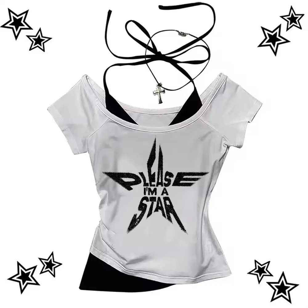 

90s Street Outfits Y2k crop top gyaru vintage summer Streetwear y2k babydoll corset coquette woman tees