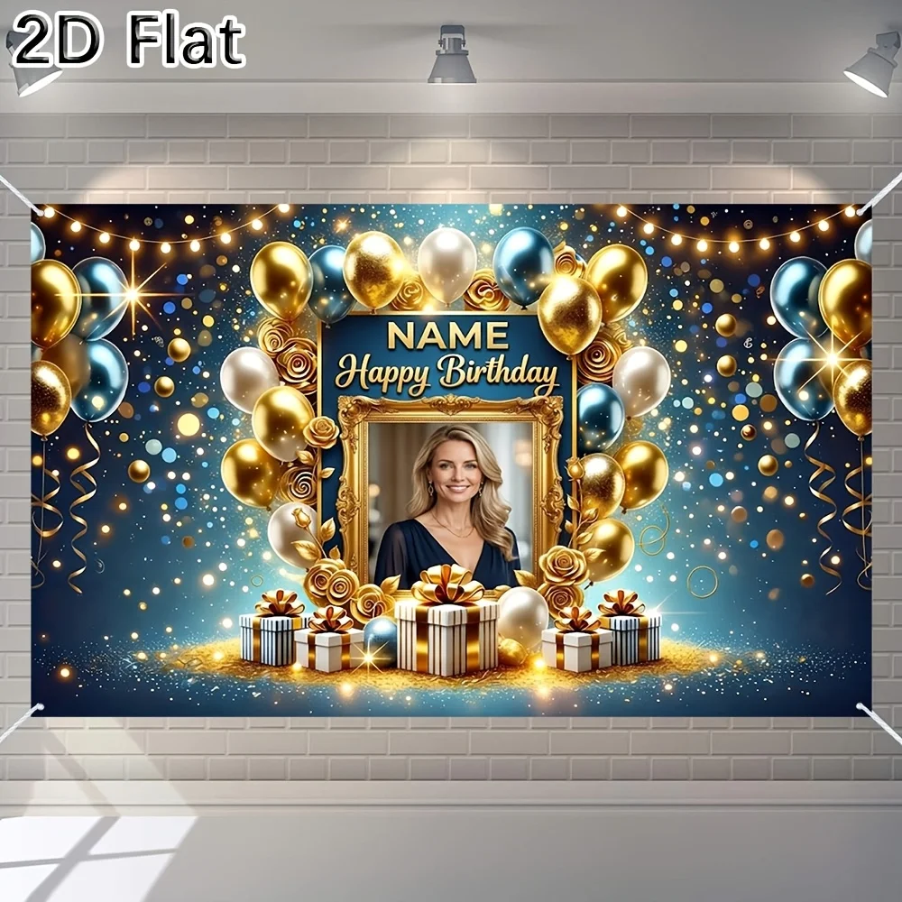 1pc Custom Photo Happy Birthday Backdrop, Luxury Gold Navy Blue Balloon Party Banner Background for Adult Birthday Celebration