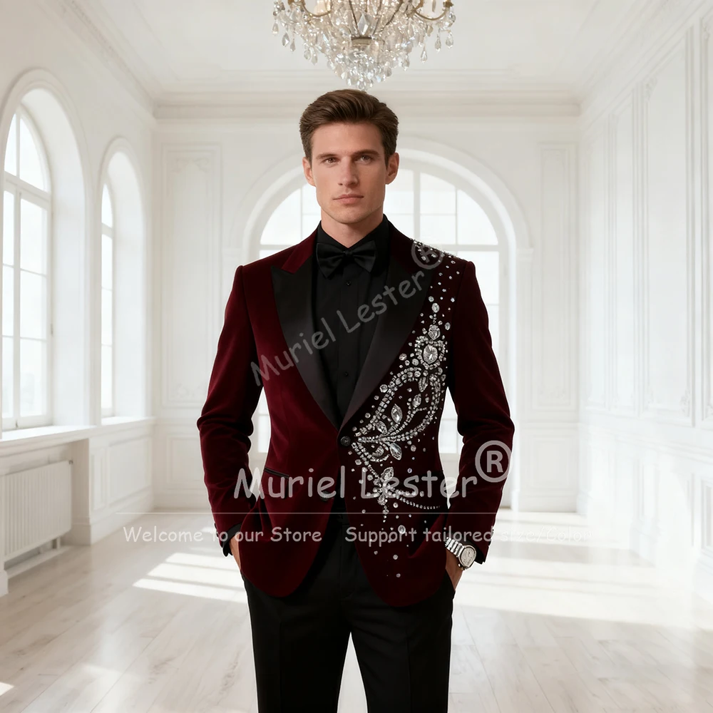 

Роскошный костюм с камнями из бисера для мужчин, комплект из 2 предметов, бордовый бархатный пиджак для выпускного вечера, Ropa Hombre, индивидуальные свадебные смокинги для жениха