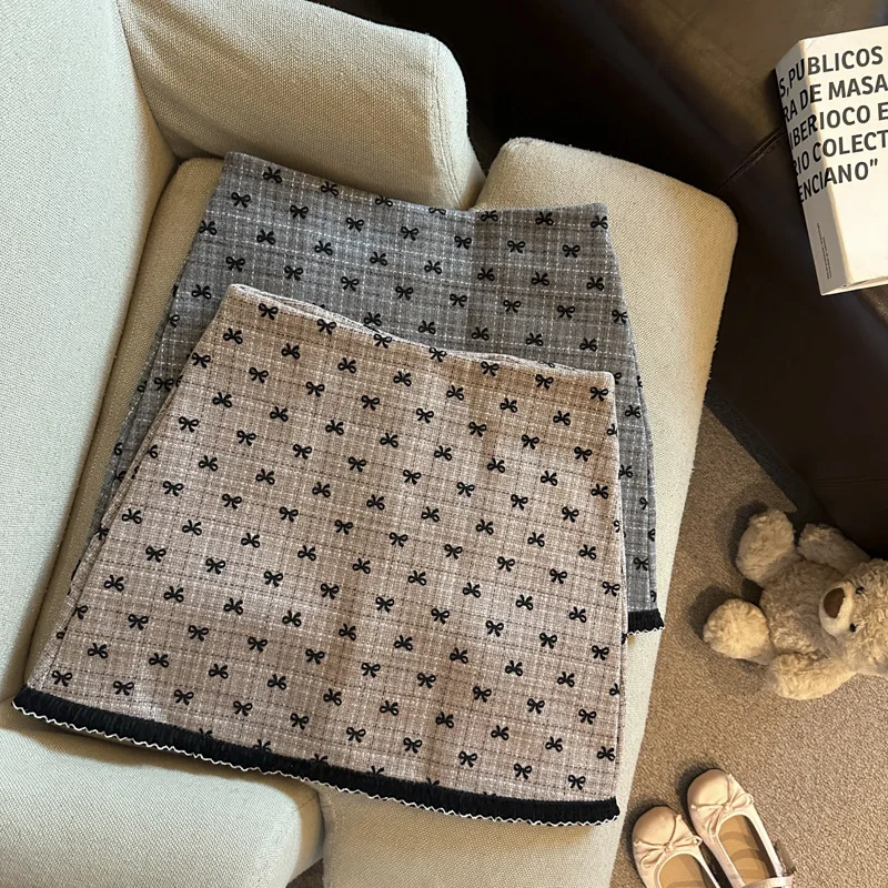 

enAutumn New Korean Mini Skirt Versatile Bow High Waist Half length Skirt Cover Cross Slim Short Skirt for Women 2025