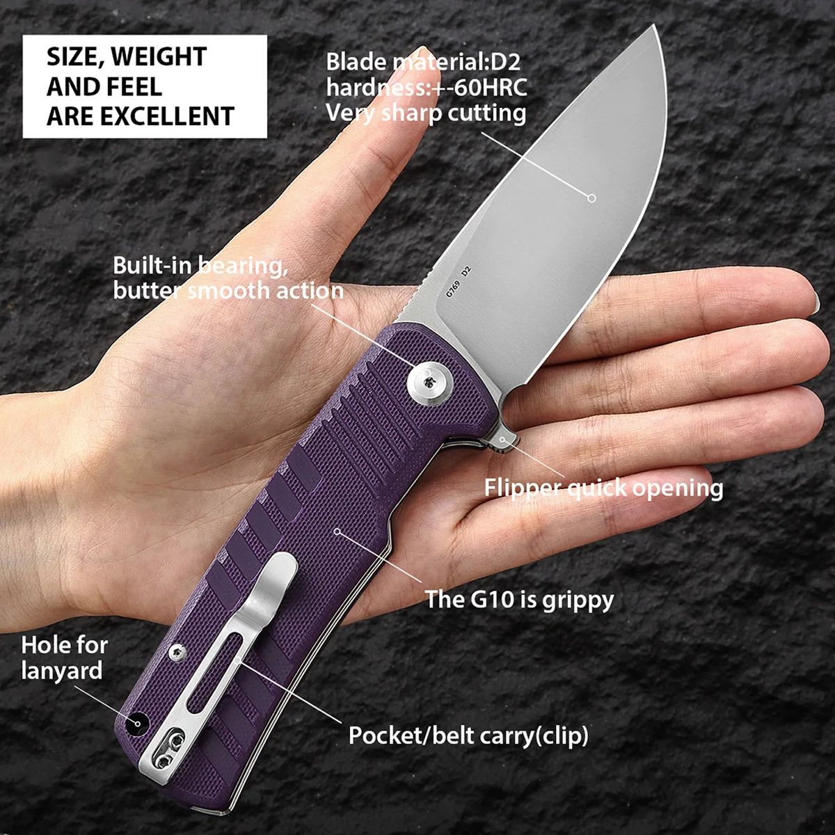 +-60HRC Ganzo G769 D2 blade G10 Handle Folding knife Survival tool Pocket Knife tactical outdoor tool