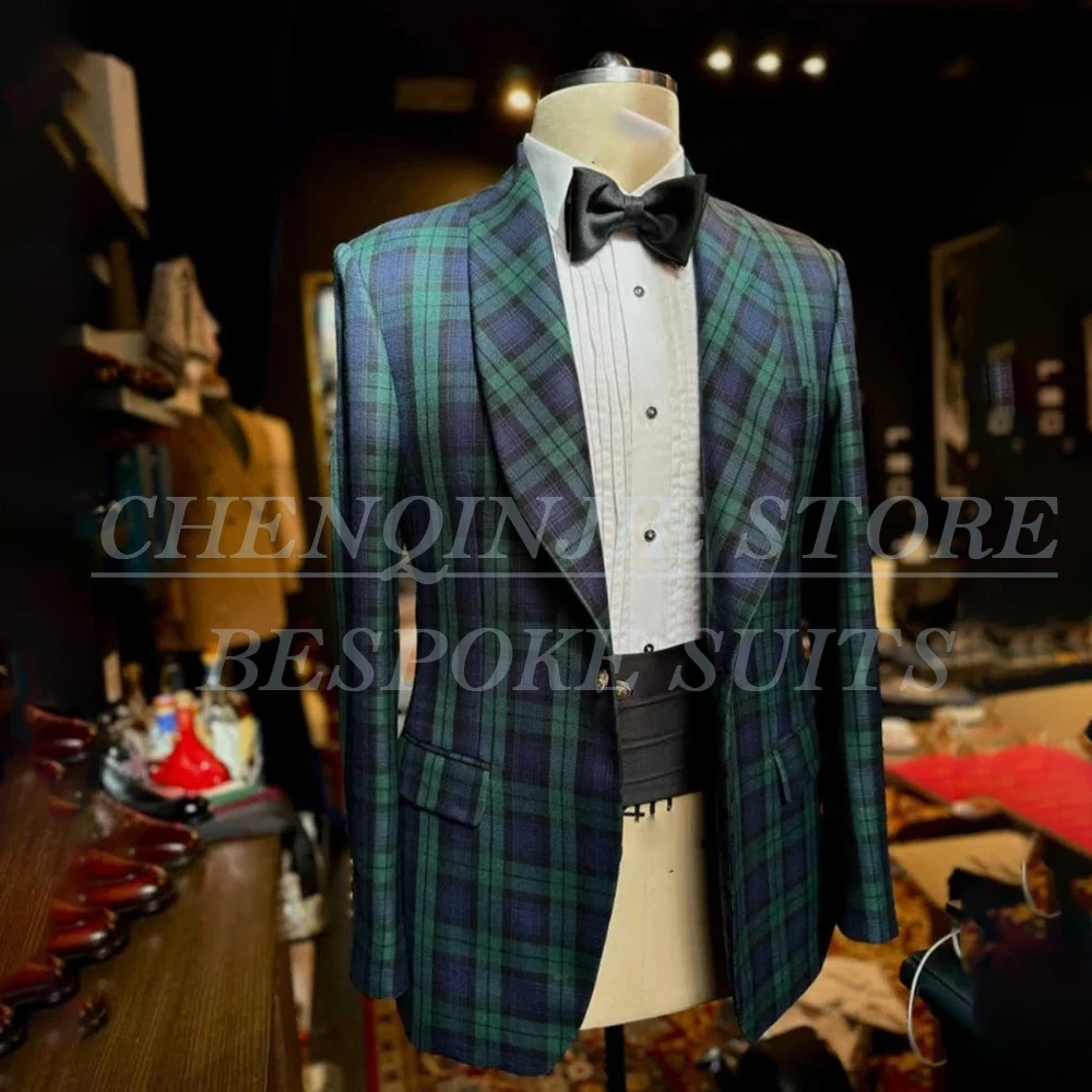 

High Quality Plaid Men's Suits One-Button Shawl Lapel Slim Fit 2 Piece Jacket Pants Formal Customzied Male Clothing Blazer Sets