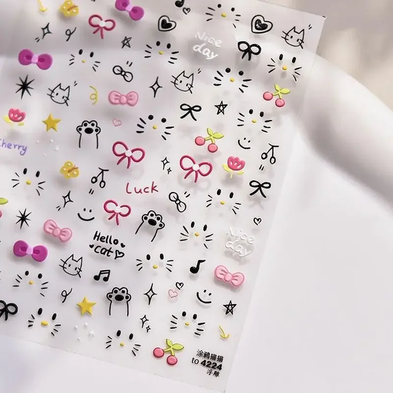 Naklejki na paznokcie z motywem czarnego kota, graffiti, relief, graffiti z kotem, DIY dekoracje na paznokcie, kreskówkowe, urocze akcesoria do paznokci