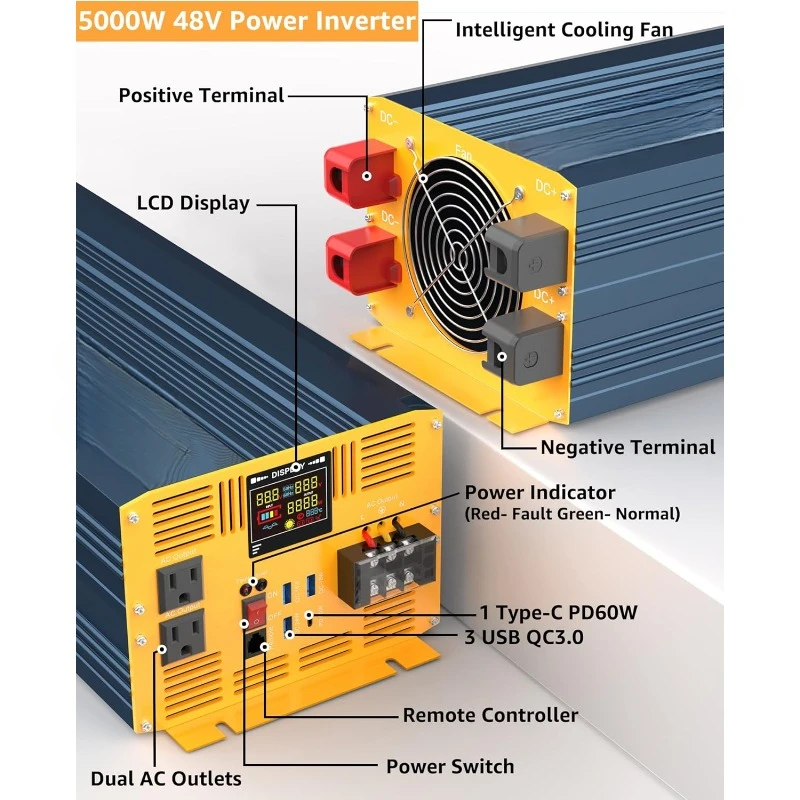 10000W Peak Heavy Duty Inverter with Remote Control and LED Display, 4 USB/Type-C Ports & 2 AC Outlets Car Charger