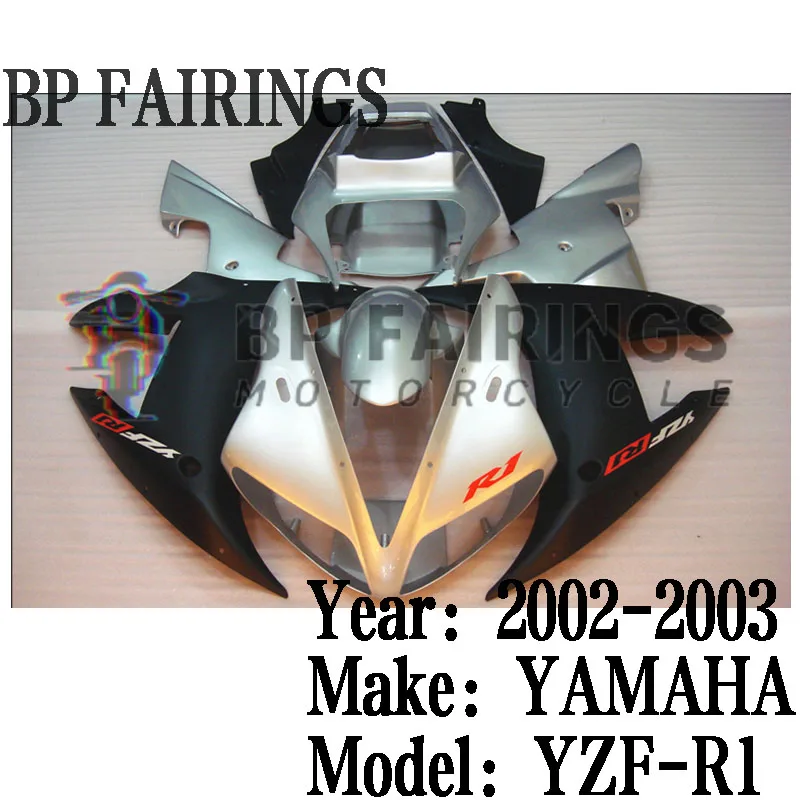 สำหรับ Yamaha YZF R1 2002 2003ชุดแฟริ่งแบบเต็มตัวทำจากพลาสติก ABS อุปกรณ์สำหรับเปลี่ยนแม่พิมพ์สีเงินสีดำ