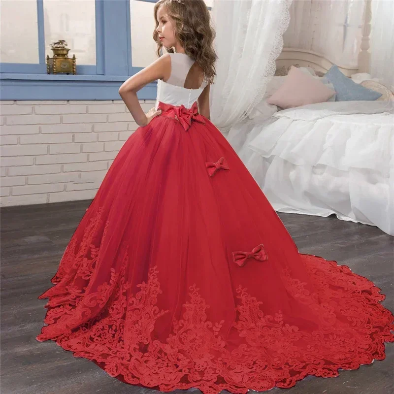 2024 New Elegant Girls Wedding Dress Lace Mesh Tailling Princess Dress 6-14 Years Children Graduation Party Prom Evening Dress