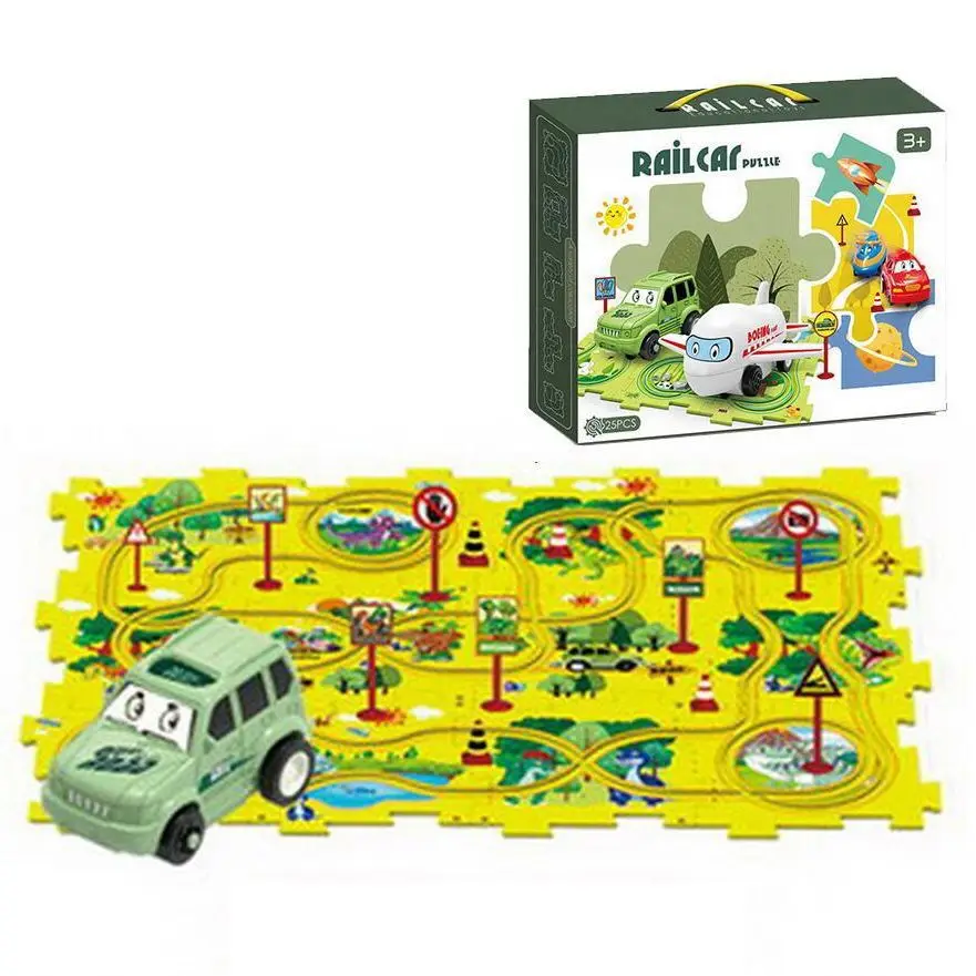 Electric Car Dinosaur Scene Children Fun Puzzle Electric Assembly Rail Car Puzzle 25pcs Creative Toys Gift Box Packing B018