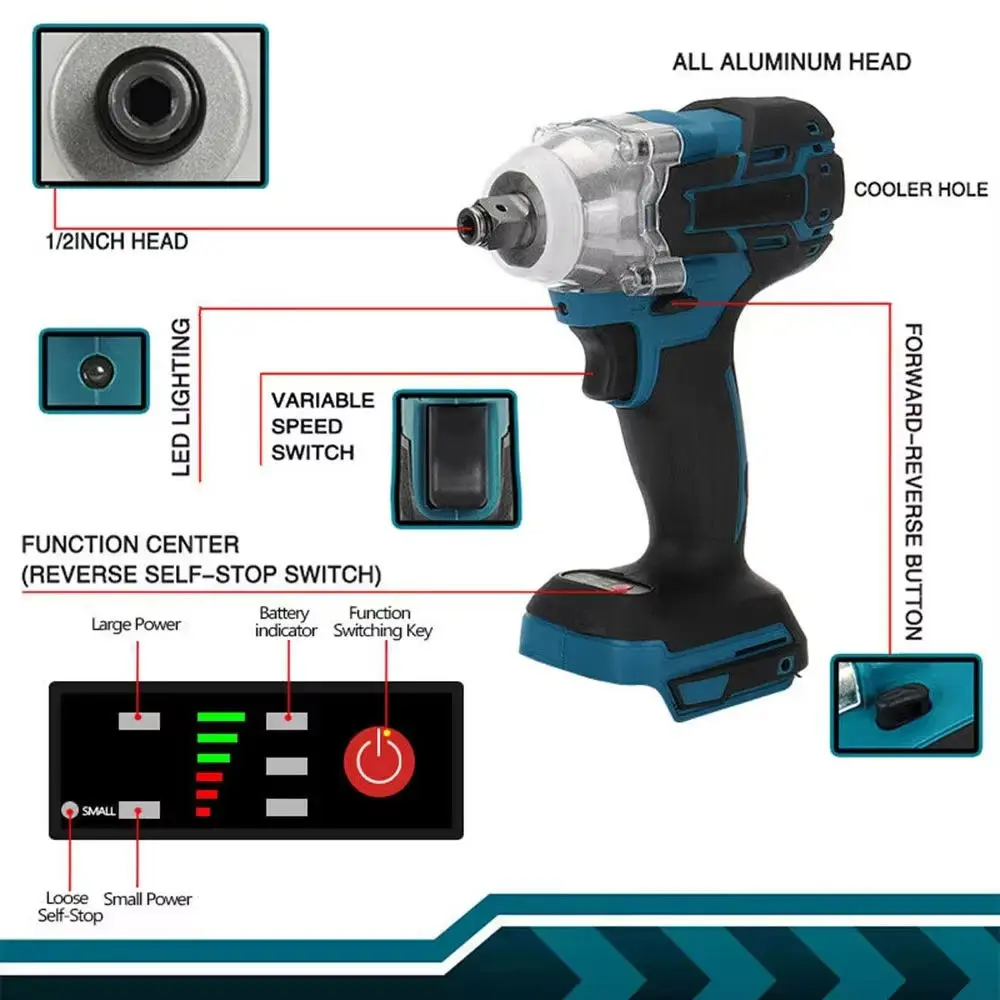 

Cordless Impact Wrench 1/2 For Makita18V Battery,Brushless Impact Driver for Automotive/Motorcycle Repair Power tool accessories