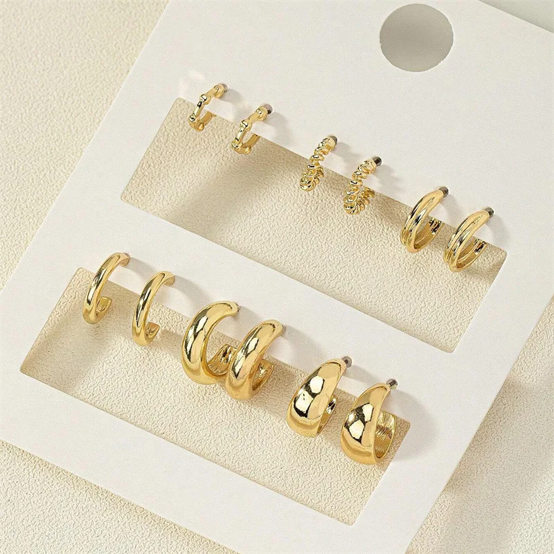 6pcs Chunky Gold Plated Waterdrop Hoop Earrings For Women Minimalist Smooth Thick Circle Drop Earring Lightweight Party Jewelry