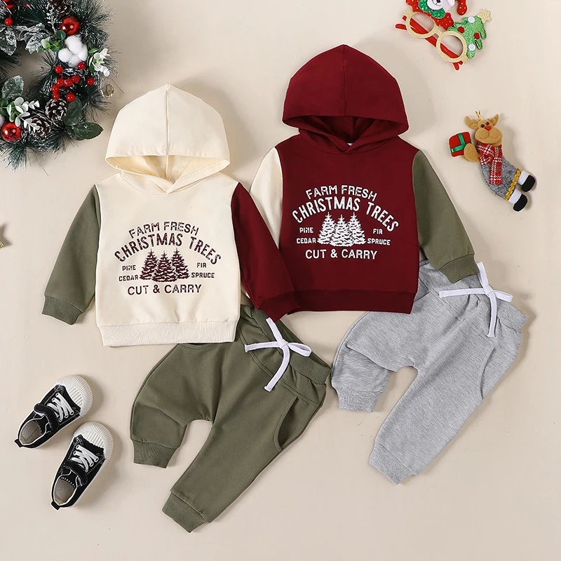 2023-10-13 Lioraitiin 0-3Y Kid Baby Boys Christmas Outfits Long Sleeve Pine Tree Print Hoodie + Pants Set Newborn Warm Clothes