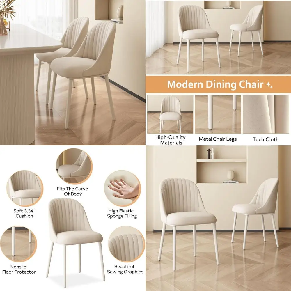 Moderne, minimalistische Esszimmerstühle im 2er-Set mit Metallbeinen, Stoffkissen, cremeweißes Finish, bequemes armloses Design für Con