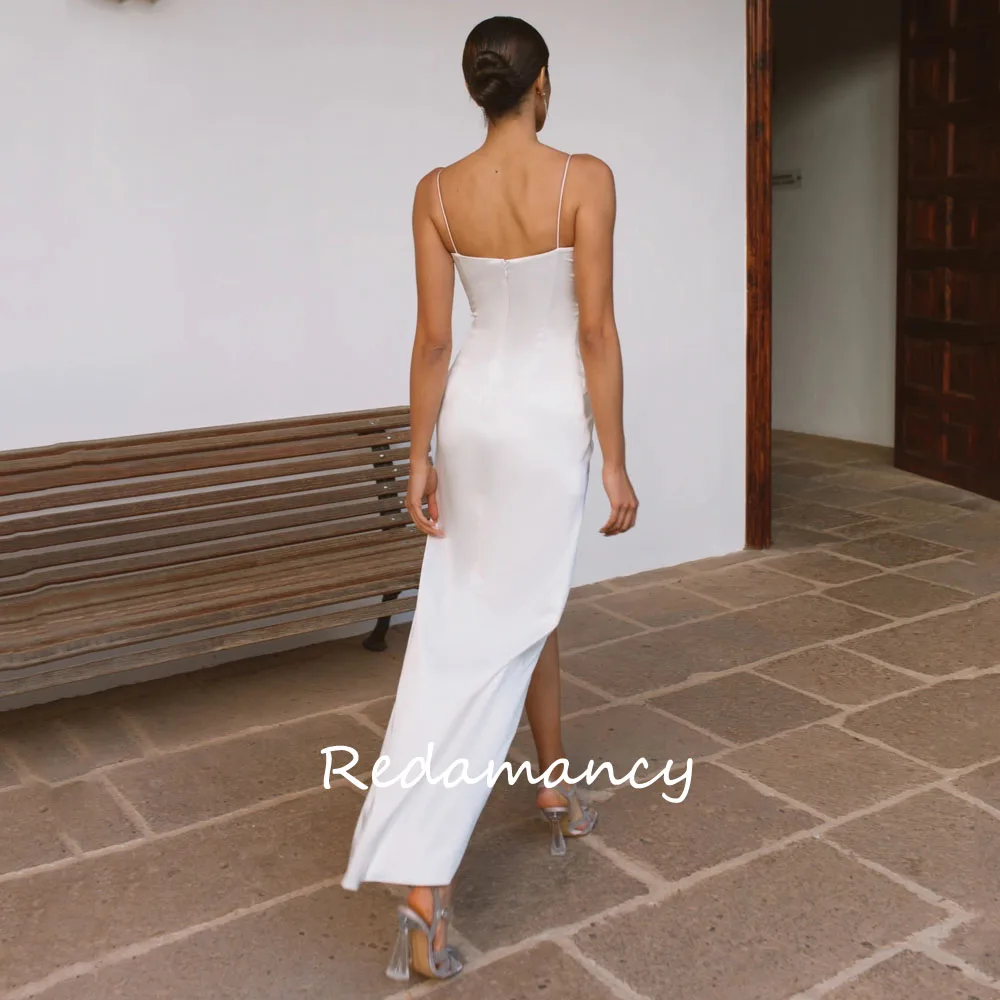 Redamancy-V-Neck cetim vestidos de casamento para mulher, apliques simples, Split Side, plissado sereia vestidos