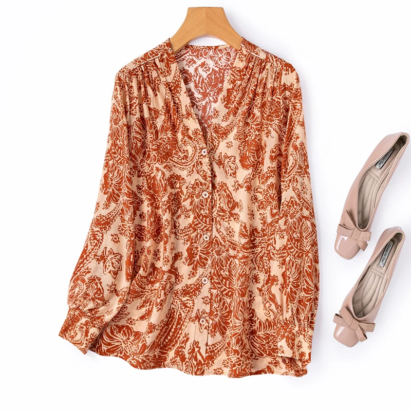 

100% шелковая блузка из крепового шелка тутового шелкопряда для женщин, с длинным рукавом, с принтом пейсли и цветочным узором, V-образный вырез, на пуговицах, повседневный топ, размеры M, L, XL, M1511