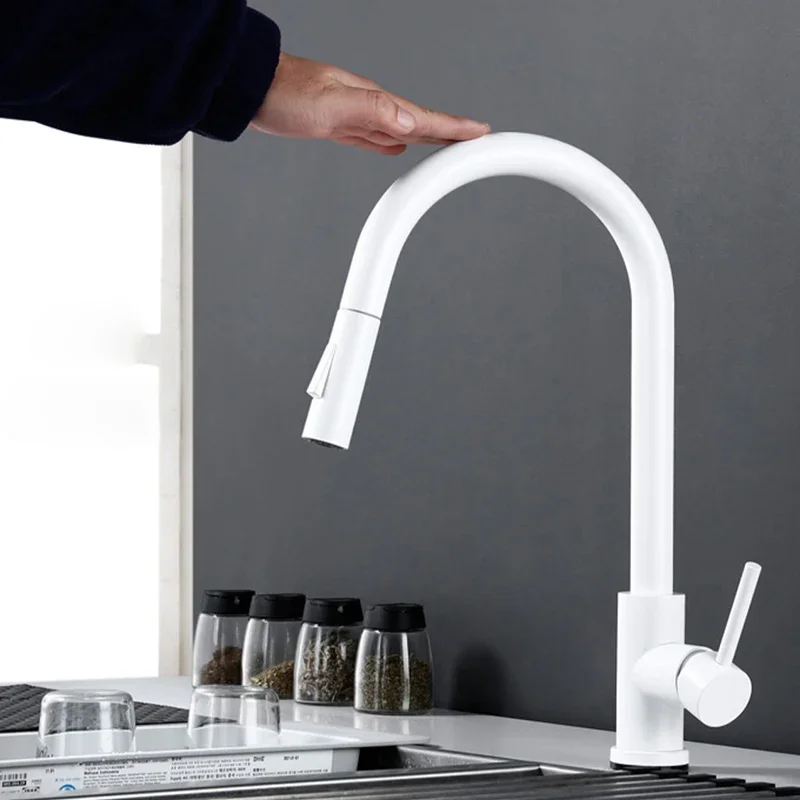 White Touch Kitchen Faucets with Pull Down Sprayer Hot Cold Pull Out Kitchen Sink Mixer Tap Sensitive Touch Kitchen Faucet