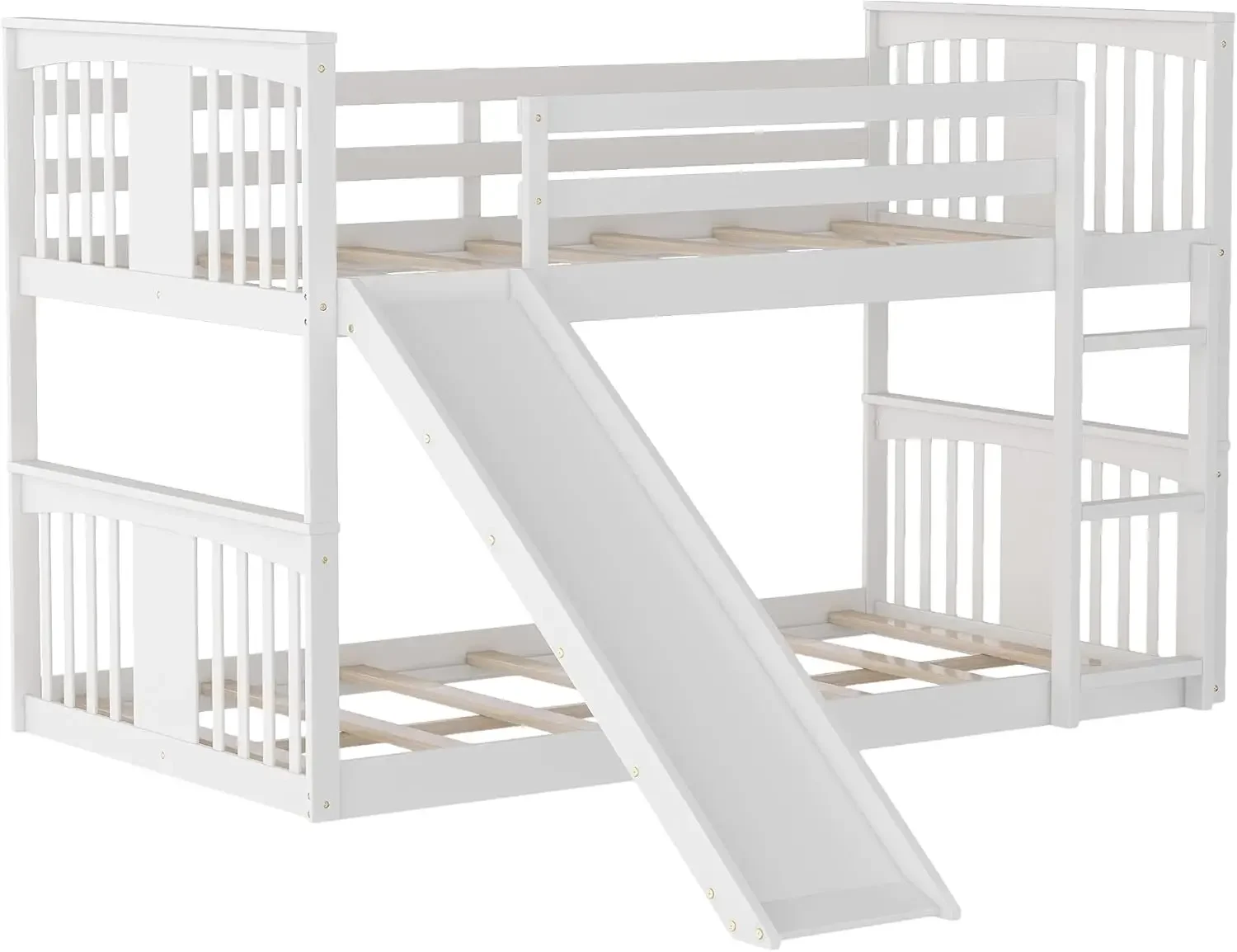 Beds with Slide for Kids Toddlers Twin Over Twin Wooden Bunk Bed Frame Built-in Ladder Guard Rails Boys Girls Dormitory Bed