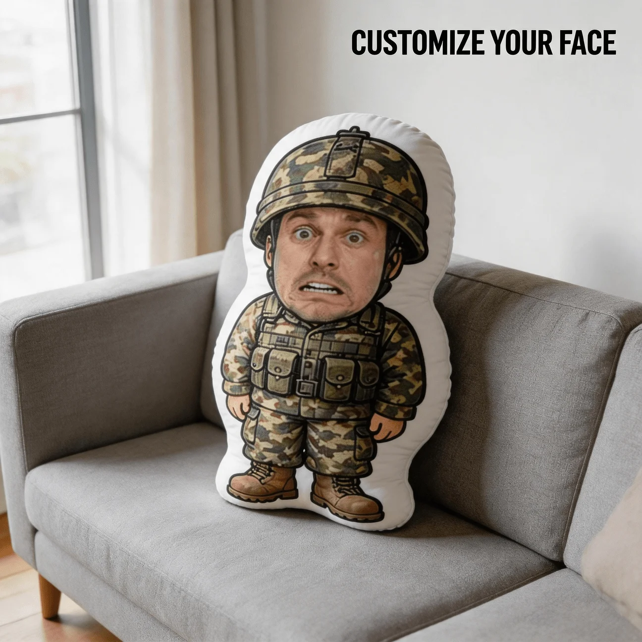 Custom Photo Soldier Face Pillow Personalized Military Portrait Shaped Decor Cushion Double Sided Print Gift for Veteran