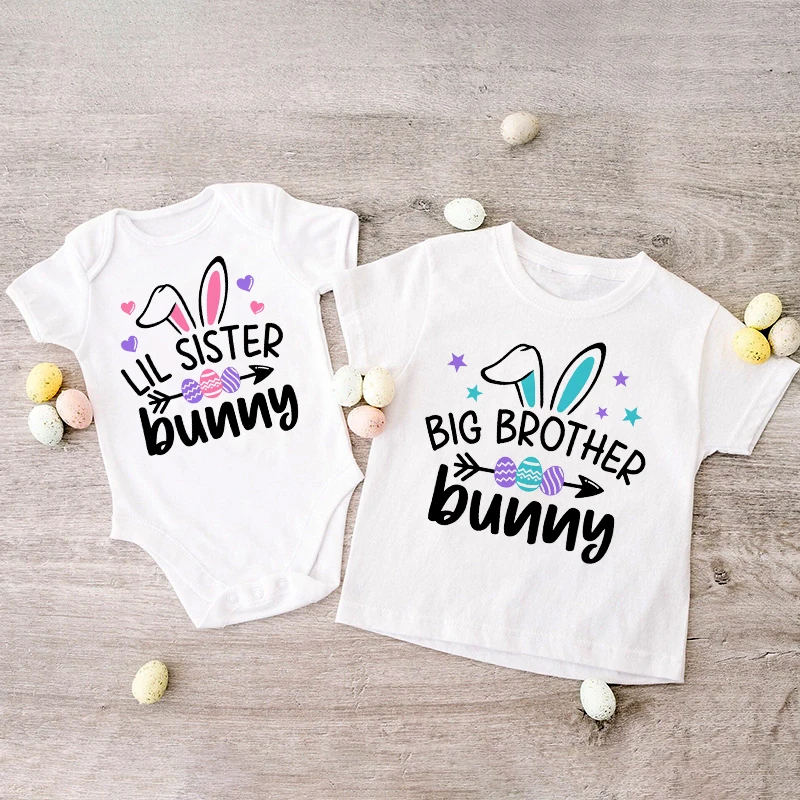 

Little Sister Big Brother Bunny Print Shirt Easter Boys Girls T-shirt Sibling Matching Outfit Kids Tops Tee Baby Bodysuit 1 pcs