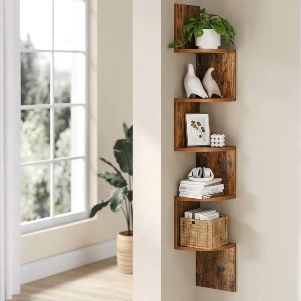 5-Tier Wall Mounted Corner Floating Shelf, Rustic Wooden Corner Bookshelf, Vertical Display Plant Shelf For Living Room Bedroom Bathroom
