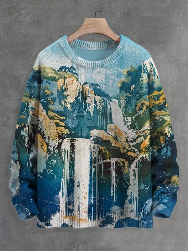

Men's Japanese Art Print Knit Sweatshirt Waterfall Landscape Pullover Sweater Unisex Knitted Top for Women And Men