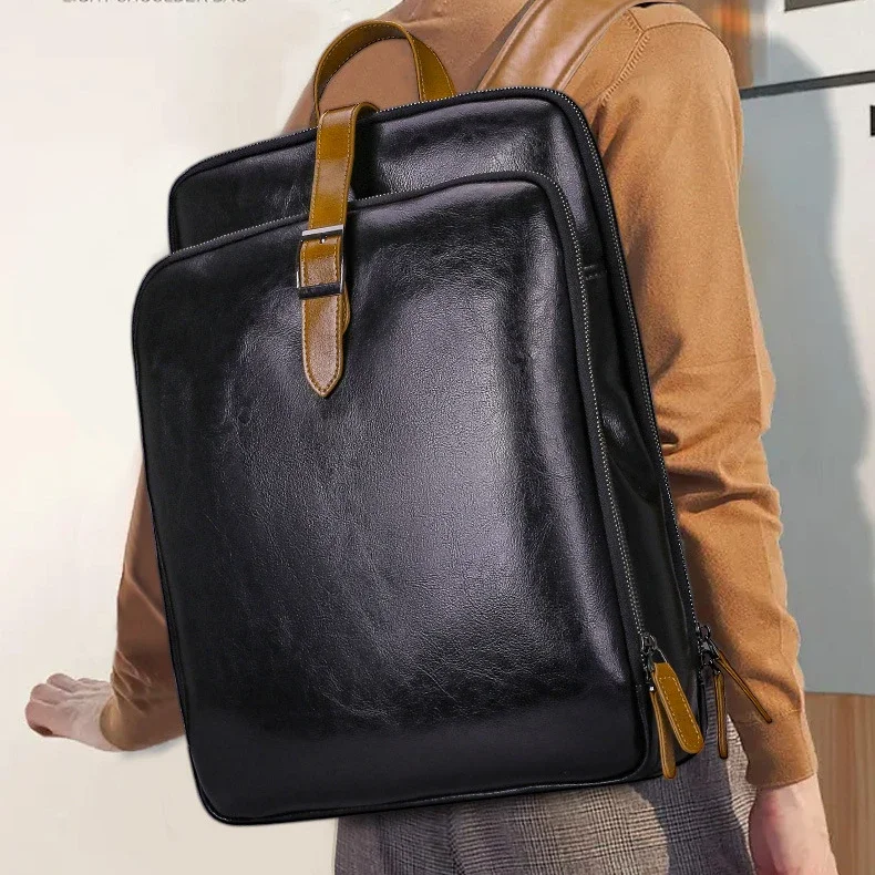 Leather Laptop Backpack Simple Business Cowhide School Bag Travel Backpack School Executive Backpack Men Leather Black Bag