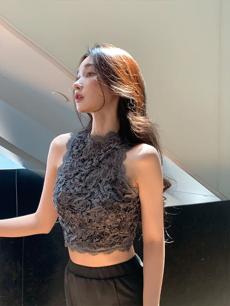 

Achi Heavy Industry Lace Trim oulder Strap Vest Women's Slim Fit ort Svel Top Sexy Sle Polyester Nylon Fabric