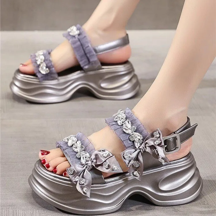 Sandały na grubej podeszwie z kokardą i dżetami, letnie, nowe, ażurowe, oddychające, uniwersalne, na koturnie, idealne na plażę, fajne buty.