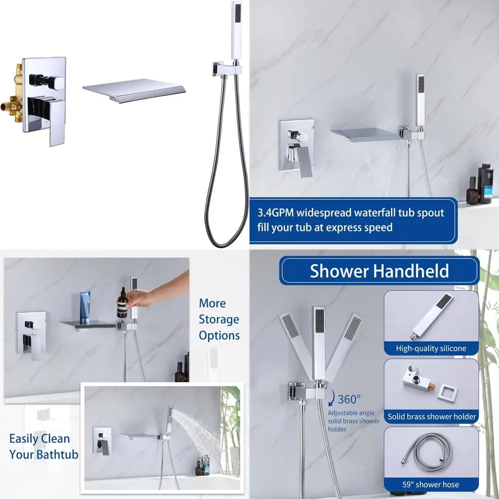 

Single Handle Wall Mount Bathtub Faucet with Waterfall Spout and Handheld Shower, Modern Bathroom Tub Filler Set