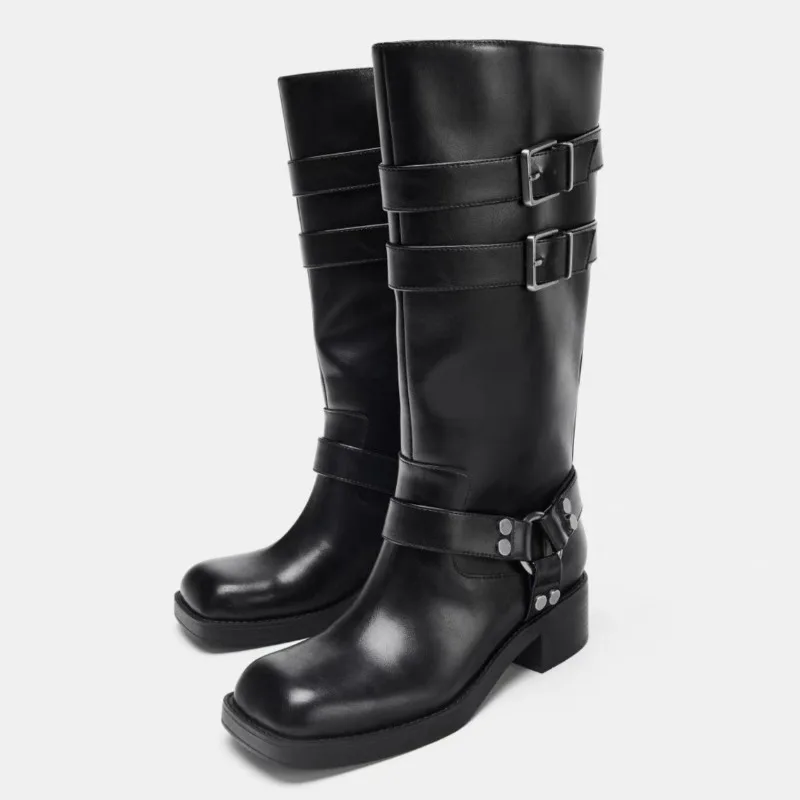 

Black Soft Leather Chunky Heel Boot Women Punk Style Rivet Buckle Embellished Mid Calf Boots Comfort Waterproof Platform Boots