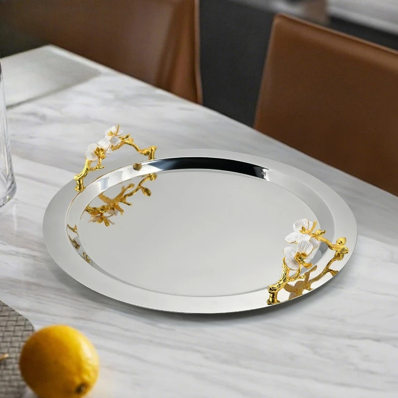 Stainless steel tray round square European flower decorative plate model room wine set cup dining table storage plate ornament