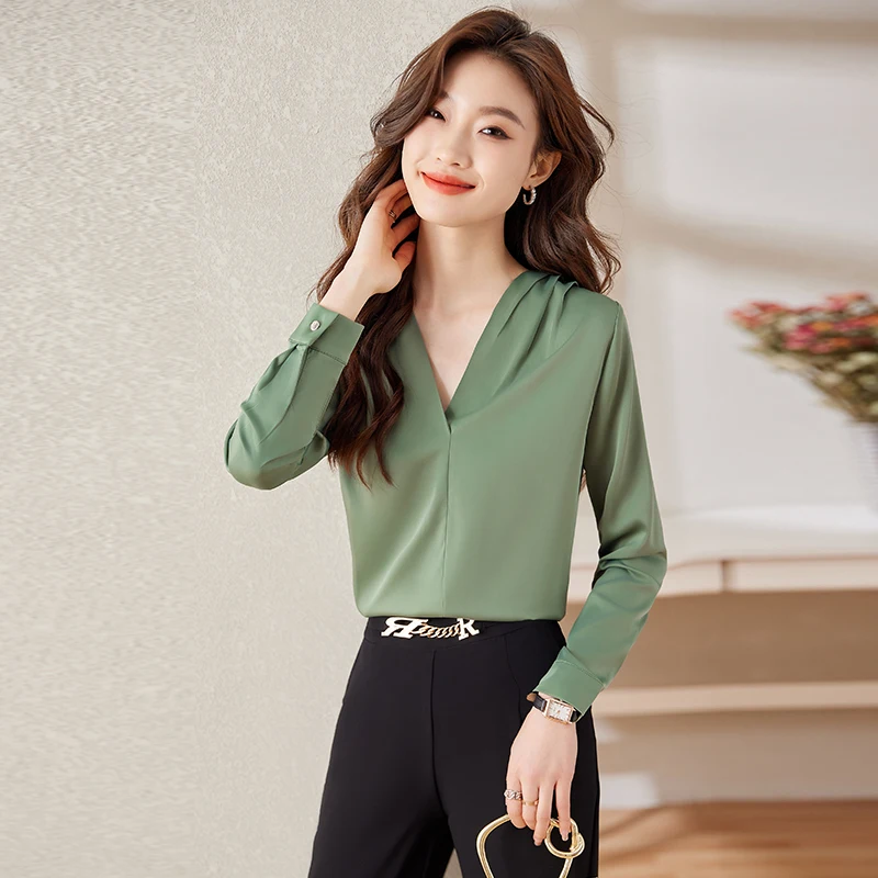 NAVIU Fashion Elegant Shirt Women New Spring V Neck Temperament Chiffon Long Sleeve Blouses Office Ladies Work Tops