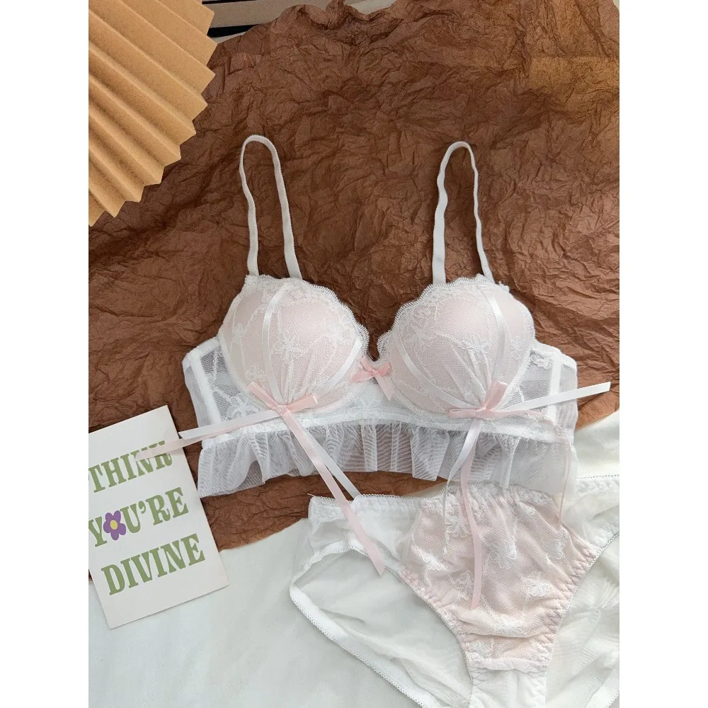 YUQI Women Lace Lingerie Set Mesh Bow Design Small Bust Push Up Bra Side Collection Underwire Free Brassiere Daily Intimate Wear