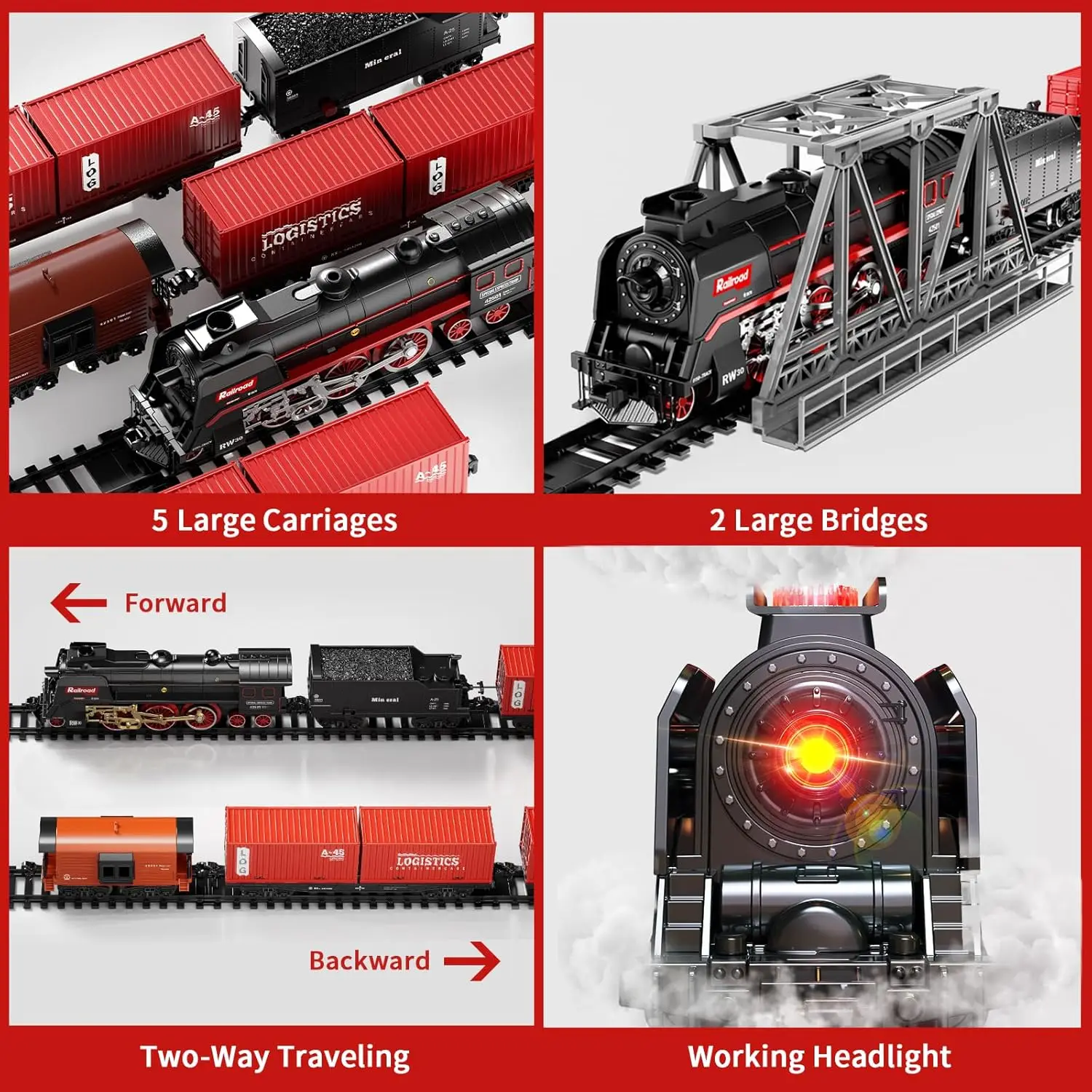 مجموعة قطار نموذجية، ألعاب قطار التحكم عن بعد مع قاطرة دخان ثلاثية الاتجاهات، 5 سيارات قطار، طقم مسار فاخر، أصوات قطار أصلية