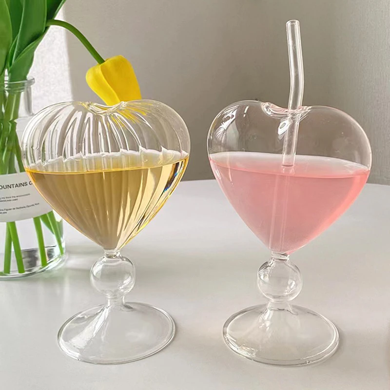 1pc Heart Shaped Cocktail Glass with Straw Clear Stemmed Wine Glass Creative Champagne Glasses Drinking Cups for Bar Pub Club