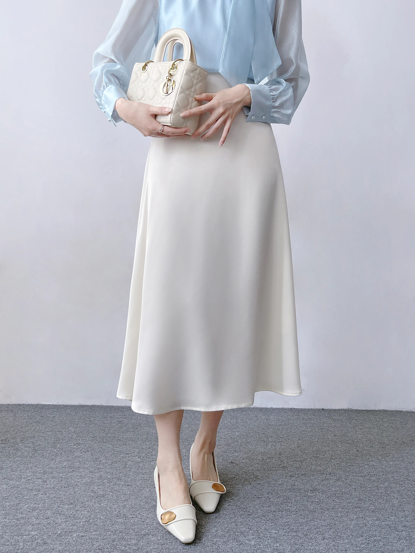 

Элегантная атласная драпированная юбка миди с высокой талией А-силуэта для женщин, приятная к телу, дышащая, из полиэфирного волокна, на молнии