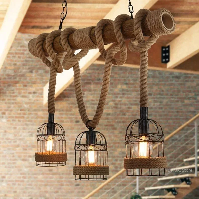 

GHEUVNJ American retro style homestay bamboo art hemp rope bird cage pendant light industrial style bar front desk restaurant l