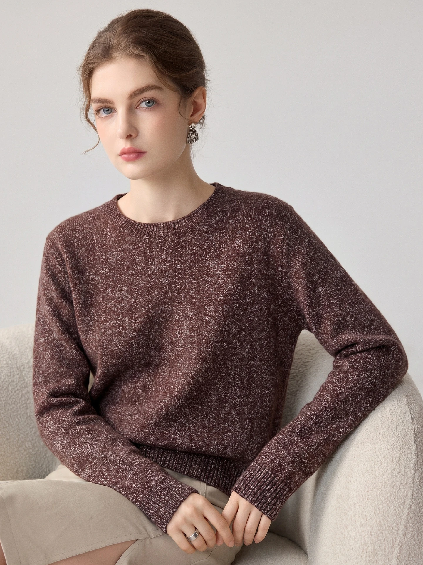 TLOML Women's 100% Cashmere Sweater O-Neck Flower Yarn Dropped Shoulder Pullover Cashmere Knitwear Autumn Winter Soft Thick Tops