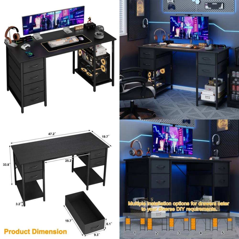 Computer DesksSpacious 47 Inch Office Desk with 4 Storage Drawers for Gaming Work and Study