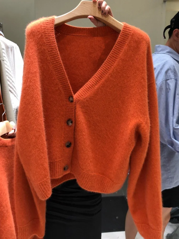 Women\'s Orange Fleece Knitted Sweater, V-Neck Cardigan, Button, Long-Sleeved, Casual Female Outwear Coats, Winter Tops