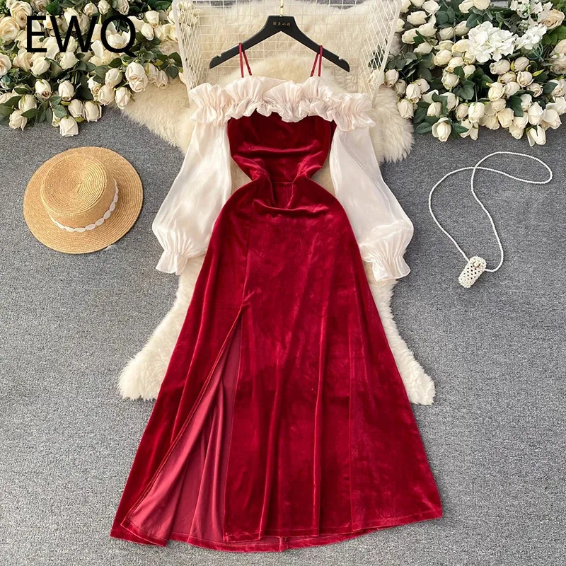 EWQ Elegant Ruffle Patchwork Velvet Dress Women Contrast Color Long Sleeve Split Evening Dresses 2024 Autumn New 27X1224