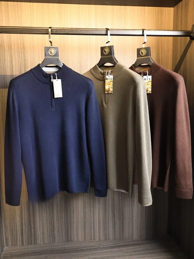 

Ele вязаный шерстяной свитер для мужчин, высокоэластичный, приятный для кожи, на молнии, осень-зима, модный, повседневный, чистый цвет