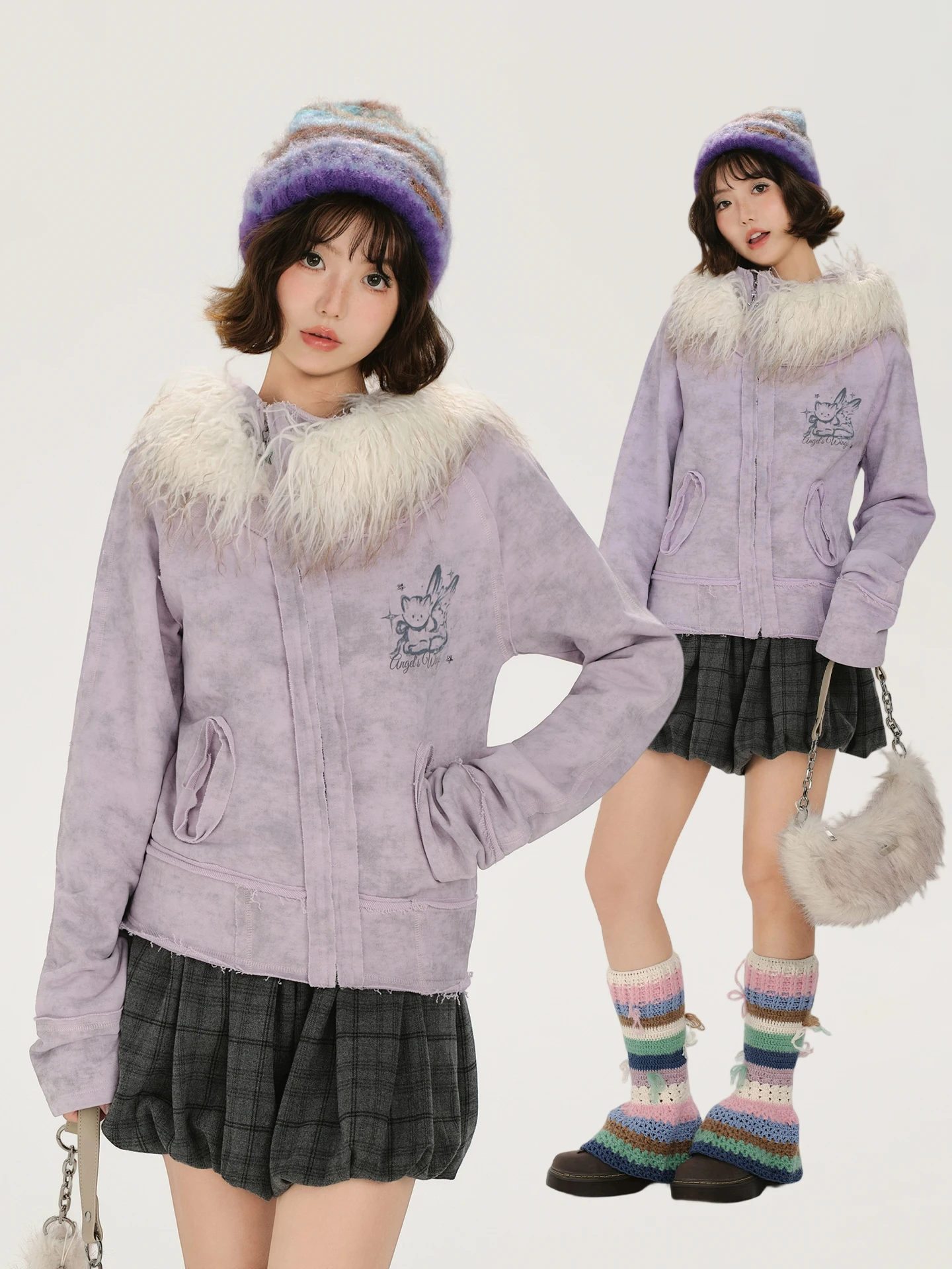 

Girly American Retro Tie Dye Print Irregular Design Fur Collar Jaet Women's Autumn New Sle Top Warmth ort Coat